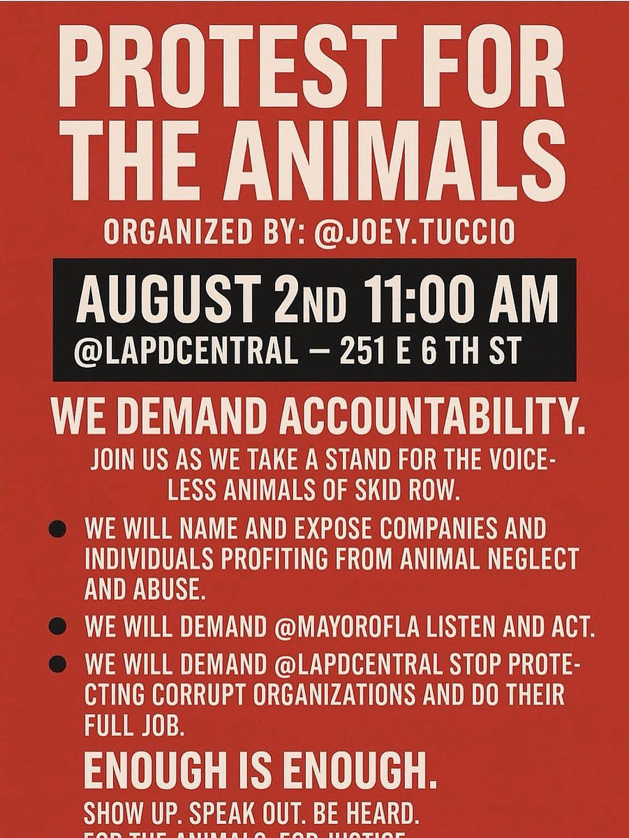 Come today @ 11am to demand that abused animals on Skid Row are removed and criminals that don't even live there are arrested. Since volunteering there, I have seen dogs stabbed, raped, force-fed drugs, beat, baked alive in cages and everything in between. It's time this STOPS.