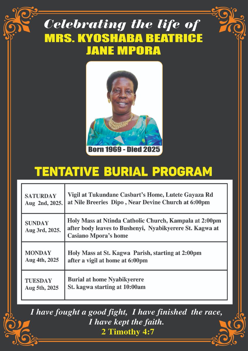 Dear Mum,
You did all it takes of a parent to do for there children.
You sacrificed everything for our well being now you are no more.
May the Good Lord forgive u your earthly deeds and may you be received by Angels R.I.P MUM