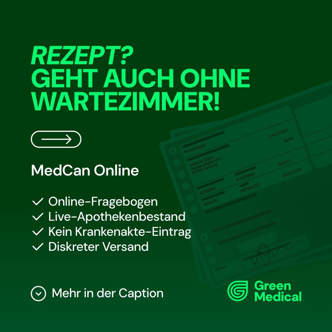 GreenMedical ist Förderer der #Hanfparade2025! Rezept? Geht auch ohne Wartezimmer. 
 GreenMedical vereinfacht den Zugang zu ärztlich verordneten Therapien – schnell, sicher und diskret. 
✔ Online-Fragebogen – ganz ohne Arztbesuch 
✔ Live-Apothekenbestand – direkt online