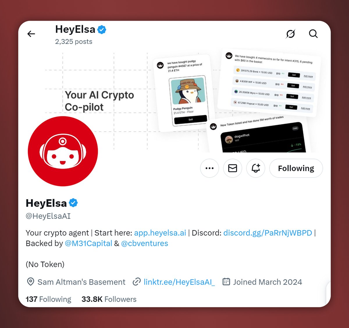 gnoma fam

Already tried <a href="/HeyElsaAI/">HeyElsa</a> 
It’s your pocket-sized crypto AI that helps you trade crypto.
Simple and clean design, should be no trouble using it.

Just connect your wallet, type what you want to do, and the AI helps you get it done.
Whether it’s:

- Buying memes
-