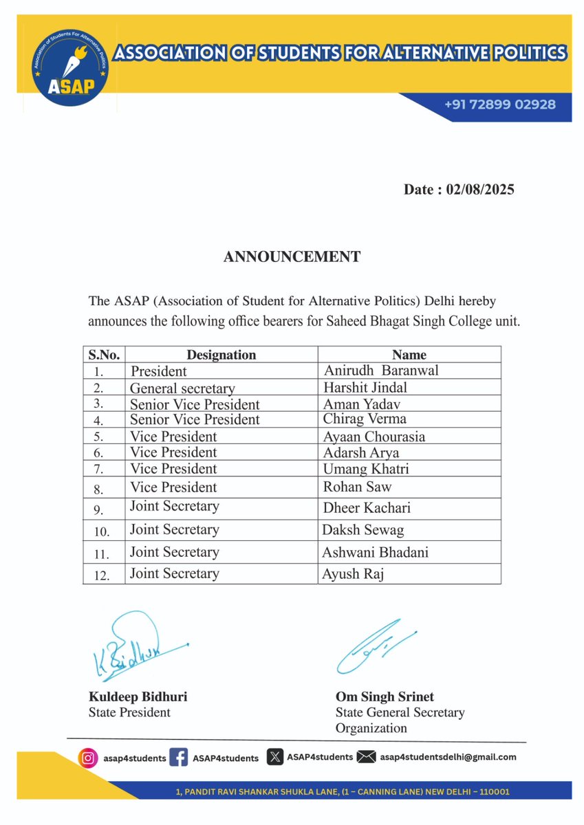 ASAP4Students's tweet image. Announcement🎉

ASAP (Association of Students for Alternative Politics), Delhi hereby announces the following office bearers for Delhi University colleges.

ASAP परिवार में आपका स्वागत है!💐