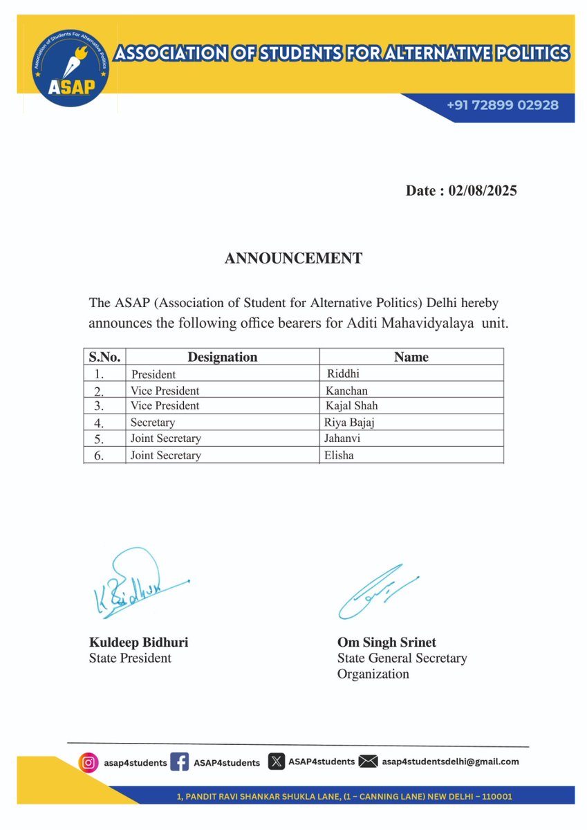 ASAP4Students's tweet image. Announcement🎉

ASAP (Association of Students for Alternative Politics), Delhi hereby announces the following office bearers for Delhi University colleges.

ASAP परिवार में आपका स्वागत है!💐