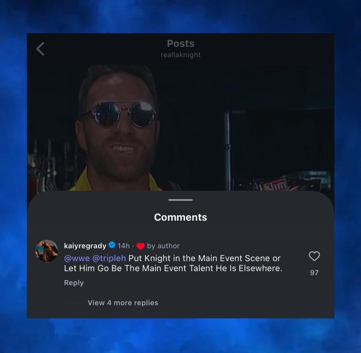 WrestleOps's tweet image. LA Knight likes a comment on his latest Instagram post telling Triple H to put him in the main event scene in WWE or let him go be a main event talent somewhere else.