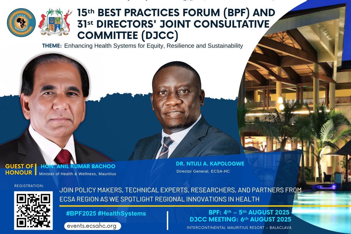 📢 Join
<a href="/ECSA_HC/">ECSA-HC</a>
in  Mauritius! #BPF2025 : 4–5 Aug | #DJCC2025: 6 Aug 📷 InterContinental Mauritius Resort 📷 Theme: Enhancing Health Systems for Equity, Resilience &amp; Sustainability 📷events.ecsahc.org #HealthSystems #LeadershipInHealth