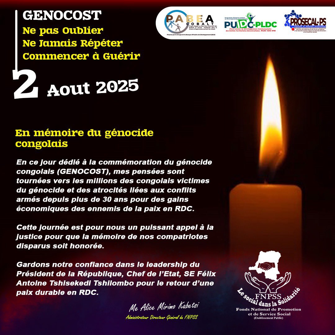 ⸻

🕊️ #GENOCOST 

En ce jour de commémoration du Génocide perpétré contre les Congolais dans l’Est de la RDC, nous honorons la mémoire de nos frères et sœurs brutalement arrachés à la vie.
Leurs cris étouffés résonnent encore dans nos consciences, rappelant à l’humanité tout
