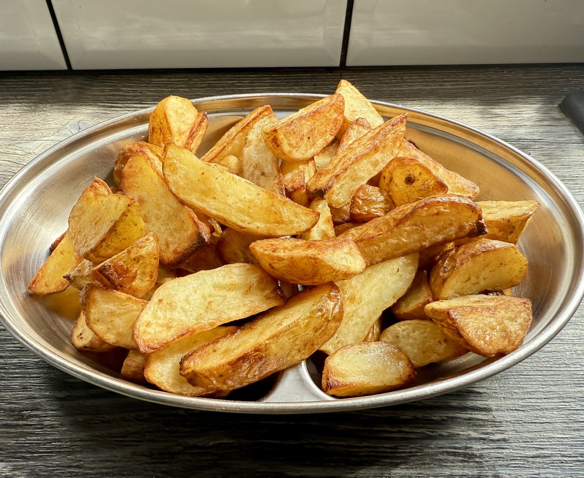 I love my Air Fryer

Toss the wedges in salt, pepper, melted butter &amp; olive oil then cook turning / shaking every 5 minutes for 20 on 180f / 355f