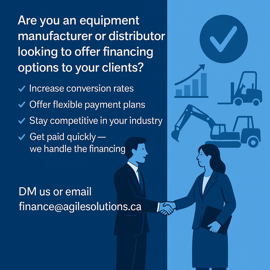 _agilesolutions's tweet image. 🚜Are you a distributor or manufacturer looking to offer financing?

We’ll power your vendor program so your clients get what they need—and you get paid faster.

📧DM us or email finance@agilesolutions.ca

#VendorFinancing #EquipmentFinancing #AgileSolutions #B2B #Sales
