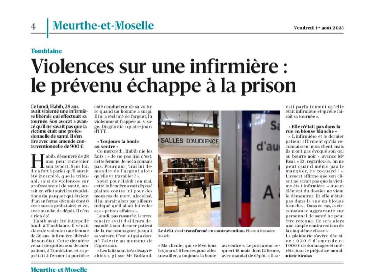 🚨🇫🇷 𝗔𝗟𝗘𝗥𝗧𝗘 𝗜𝗡𝗙𝗢 — Habib, 28 ans, FRAPPE VIOLEMMENT une infirmière en service et s’en sort avec une simple AMENDE, alors que le parquet avait requis un an de prison FERME.

Une infirmière libérale, en tournée à Tomblaine, s’apprêtait à monter dans son véhicule quand