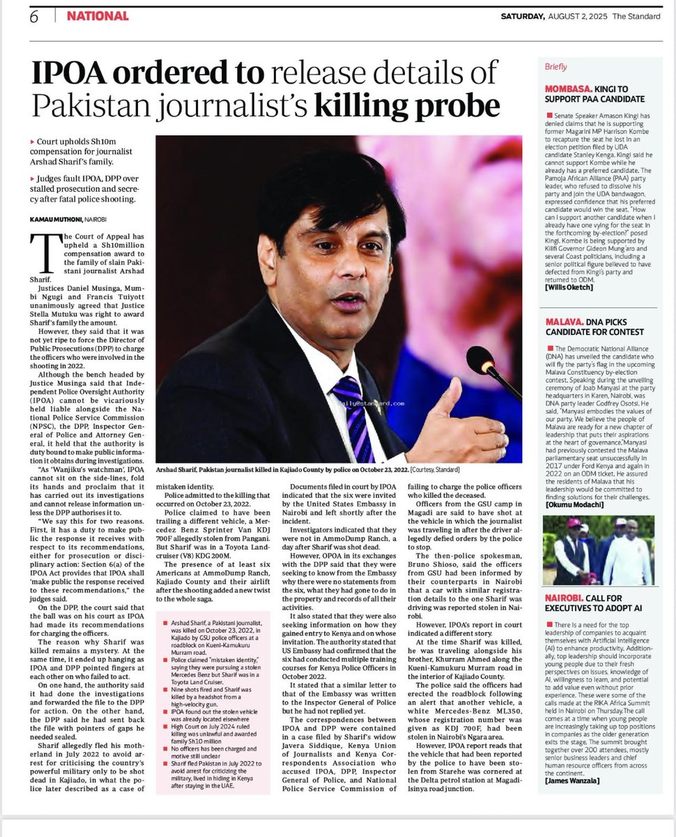 Pakistani journalist, Arshad Sharif, was brutally EXECUTED in Kajiado by Kenyan and CIA assassins. The assassination was SUPERVISED by despots Uhuru Kenyatta, Fred Matiang’i, Karanja Kibicho and George Kinoti. In 2022, tyrant William Ruto LIED that he would arrest the killers.