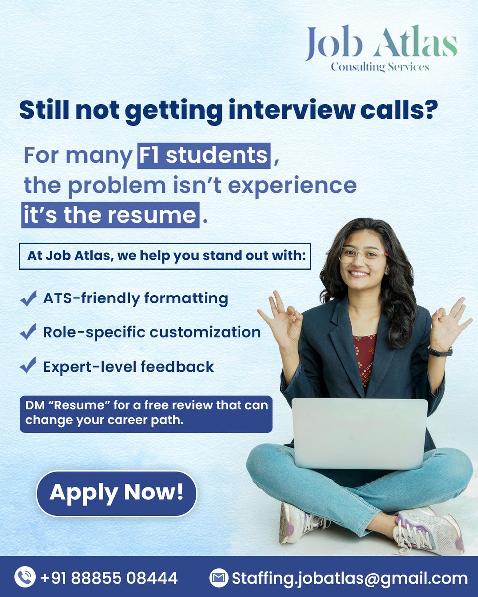 JobAtlas126790's tweet image. 🎓 F1 students — still waiting for interview calls?
It might not be your skills, but your resume.
Let experts at Job Atlas fix it — for free.

📩 DM “Resume” today.

#F1Students #JobAtlas #CareerSupport