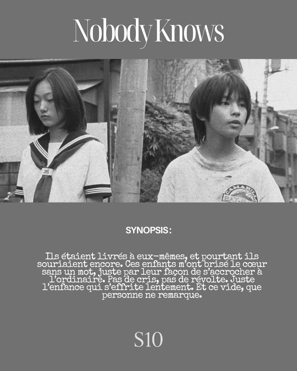 S10cine's tweet image. Sélection des films qu’on a vu en ce mois de Juillet 🎥

On vous partage 8 films qu’on a vu et aimé ce mois-ci, et on commence par Nobody Knows de Kore-Eda 🇯🇵