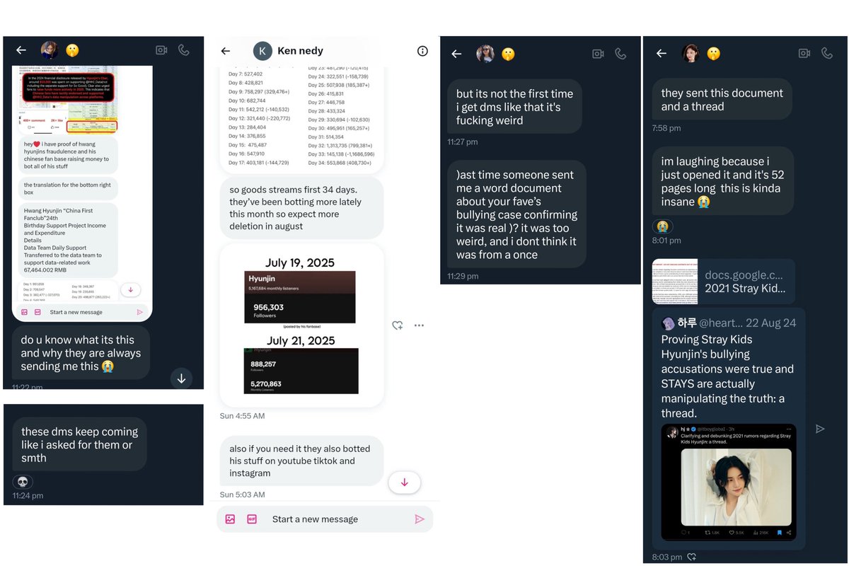 We’ve received a DM containing proof that Akgaes have been texting Skz antis with material to drag Hyunjin to the point that even these antis found it weird. 

The attached screenshots show these Akgaes contacting @/095whore (formerly @/yslpopviral)

1/4