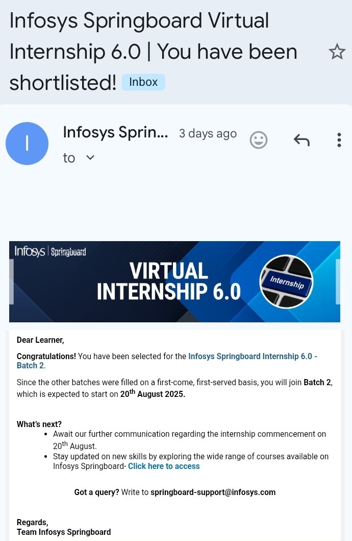 metheAnkit's tweet image. I’m in! 🙌 Selected for Infosys Springboard Virtual Internship 6.0 (Batch 2).
Counting down to 20th Aug 2025! ⏳

Thanks @InfySpringboard – Infosys’ amazing learning platform!

#Infosys #InfosysSpringboard #VirtualInternship #InternshipJourney