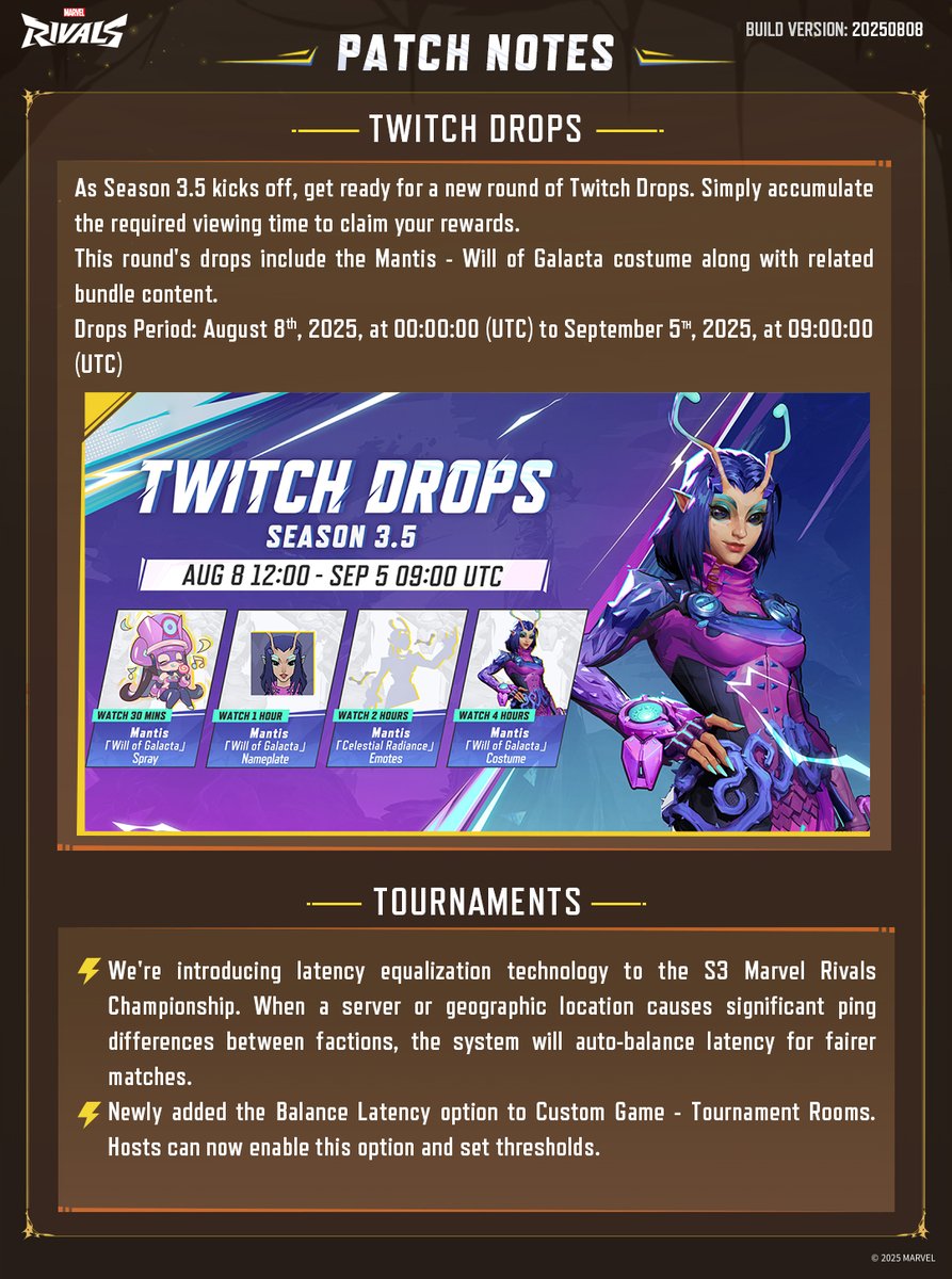 📜 A new patch is heading your way as we get ready for S3.5! Check out all the details here: marvelrivals.com/gameupdate/202…   

* Maintenance will begin on August 8 at 9 AM UTC and is expected to take approximately 2–3 hours. 
* Please note that servers will be offline during this