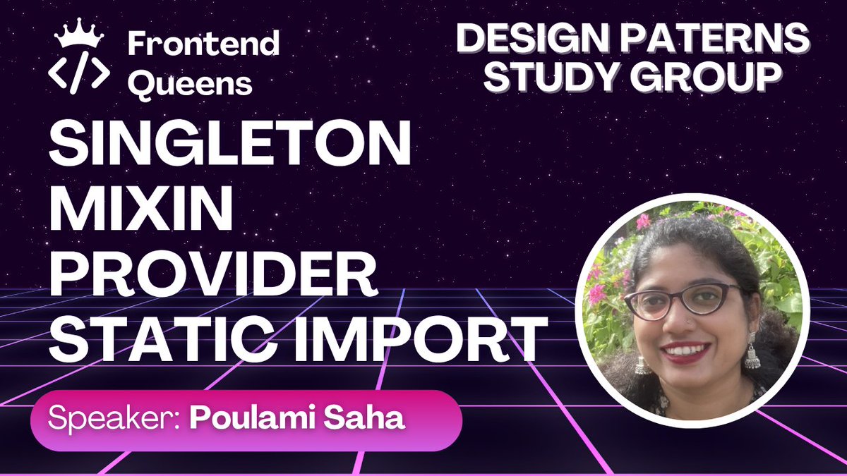 🚨 New Recording Alert! 🚨
Design Patterns Study Group – Session 4 is live! 🎥
Learn about Singleton, Mixin, Static Import &amp; Provider patterns with Poulami Saha.
📺 Watch now: youtu.be/oD1Rj34RNkE
🔔 Subscribe: bit.ly/4cQ5Lt0
#FrontendQueens #DesignPatterns