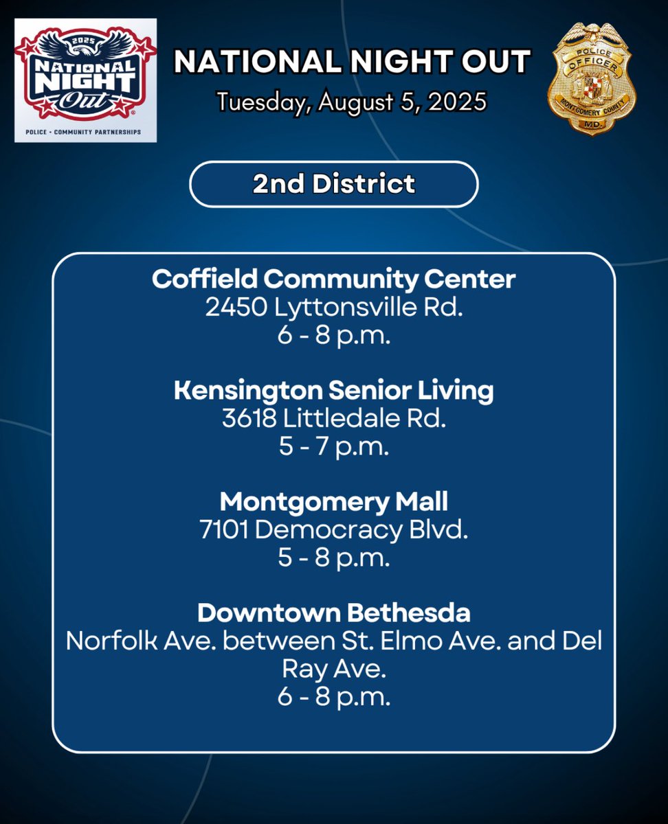 2D Commander (@2dcommander) on Twitter photo We are excited to see you at National Night Out, this Tuesday! <a href="/mcpnews/">Montgomery County Department of Police</a> <a href="/ReadyMontgomery/">Montgomery Co. MD OEMHS</a> <a href="/TGBChamber/">TGB Chamber</a> <a href="/BethesdaUP/">BethesdaUP</a> <a href="/BCCCenter/">B-CC Regional Services - Peter Fosselman, Director</a> <a href="/mcfrs/">MontgomeryCo(MD)Fire</a> We are excited to see you at National Night Out, this Tuesday! <a href="/mcpnews/">Montgomery County Department of Police</a> <a href="/ReadyMontgomery/">Montgomery Co. MD OEMHS</a> <a href="/TGBChamber/">TGB Chamber</a> <a href="/BethesdaUP/">BethesdaUP</a> <a href="/BCCCenter/">B-CC Regional Services - Peter Fosselman, Director</a> <a href="/mcfrs/">MontgomeryCo(MD)Fire</a>