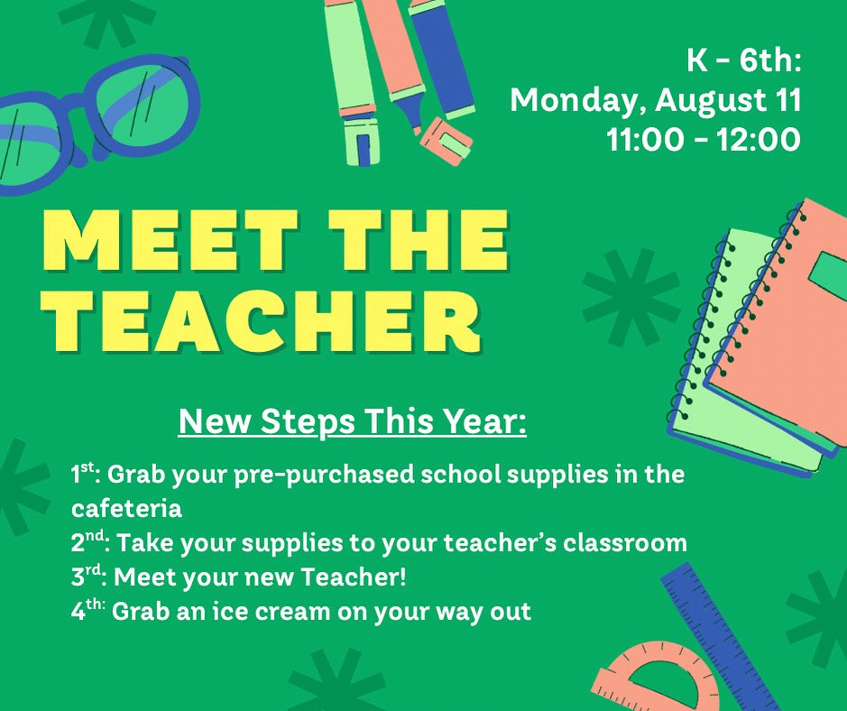 Brentfield Elementary PTA (@brentfieldpta) on Twitter photo Our K-6 Meet the Teacher event is coming soon! Mark your calendars for 8/11! This will be a come and go event from 11-noon. 🐾
This year go to the cafeteria 1st and grab your school supplies. Then head to your teacher’s classroom. 
Afterwards, go grab ice cream on your way out! Our K-6 Meet the Teacher event is coming soon! Mark your calendars for 8/11! This will be a come and go event from 11-noon. 🐾
This year go to the cafeteria 1st and grab your school supplies. Then head to your teacher’s classroom. 
Afterwards, go grab ice cream on your way out!