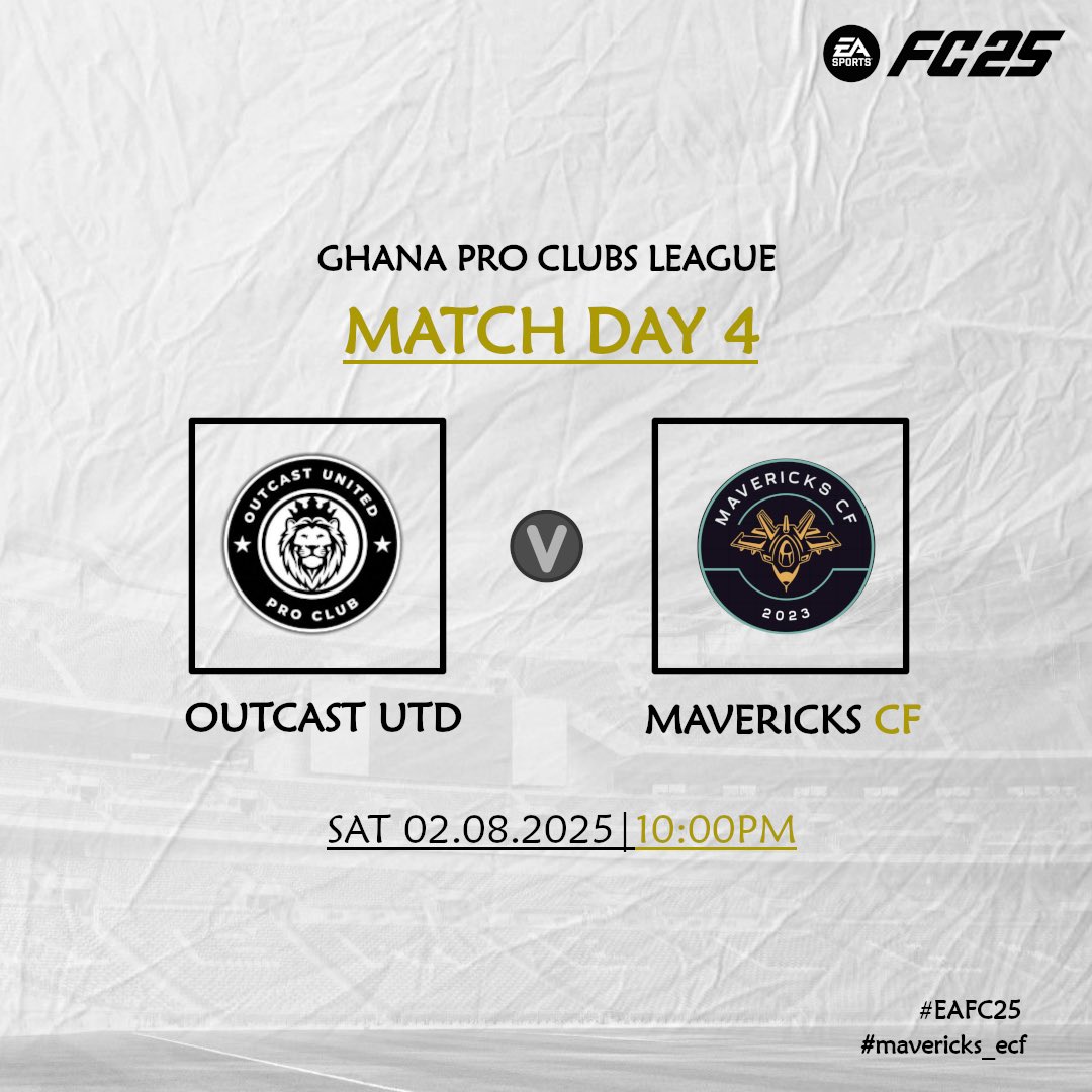 Mavericks CF (@mavericks_ecf) on Twitter photo ππ§βπ¦ π ππ§πππππ¬!!! π₯β½
π Ghana ProClubs League Division 1 SO3
π <a href="/OUnited_12/">OUTCAST UNITED</a>
β° 10:00 PM KO GMT
πΊ youtube.com/@haksantino
#GPL #EAFC25 #Clubs #VPGamers ππ§βπ¦ π ππ§πππππ¬!!! π₯β½
π Ghana ProClubs League Division 1 SO3
π <a href="/OUnited_12/">OUTCAST UNITED</a>
β° 10:00 PM KO GMT
πΊ youtube.com/@haksantino
#GPL #EAFC25 #Clubs #VPGamers