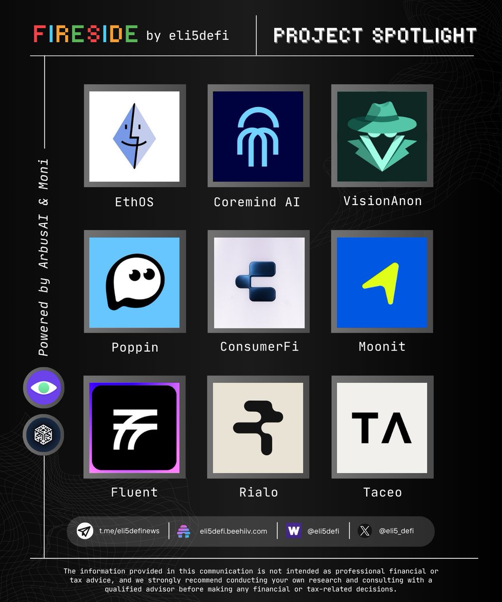 Eli5DeFi (@eli5_defi) on Twitter photo ⚛️ Project Spotlight - Week 31/2025 ⚛️
Here are 9 handpicked projects you'll want to explore.
➢ <a href="/Ethereum_OS/">Eth OS</a>
➢ <a href="/Coremind_AI/">CoremindAI</a>
➢ <a href="/VisionLabsHL/">HyperVision</a>
➢ <a href="/poppin_so/">Poppin</a>
➢ <a href="/ConsumerFi/">ConsumerFi AI</a>
➢ <a href="/moonit/">Moonit</a>
➢ <a href="/fluentxyz/">Fluent</a>
➢ <a href="/RialoHQ/">Rialo</a>
➢ <a href="/TACEO_IO/">TACEO</a>
Powered by <a href="/arbusai/">Arbus</a> and <a href="/getmoni_io/">Moni 🧙♂️</a>
Below you will ⚛️ Project Spotlight - Week 31/2025 ⚛️
Here are 9 handpicked projects you'll want to explore.
➢ <a href="/Ethereum_OS/">Eth OS</a>
➢ <a href="/Coremind_AI/">CoremindAI</a>
➢ <a href="/VisionLabsHL/">HyperVision</a>
➢ <a href="/poppin_so/">Poppin</a>
➢ <a href="/ConsumerFi/">ConsumerFi AI</a>
➢ <a href="/moonit/">Moonit</a>
➢ <a href="/fluentxyz/">Fluent</a>
➢ <a href="/RialoHQ/">Rialo</a>
➢ <a href="/TACEO_IO/">TACEO</a>
Powered by <a href="/arbusai/">Arbus</a> and <a href="/getmoni_io/">Moni 🧙♂️</a>
Below you will