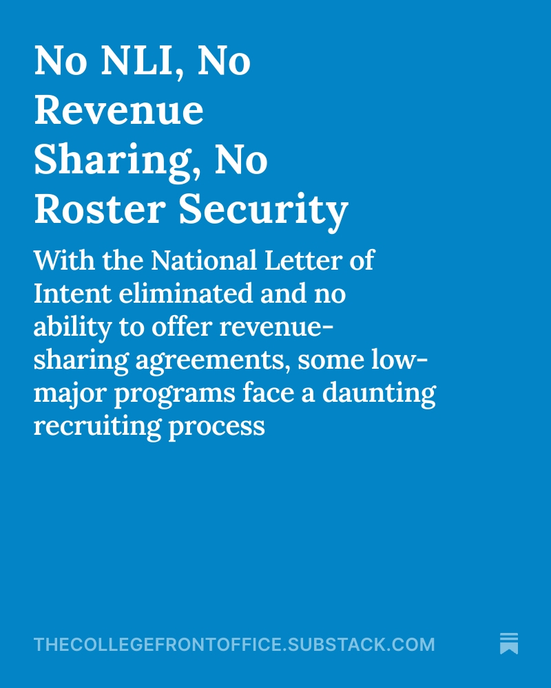 The NCAA scrapped the NLI, and with it, the penalties for backing out after signing
 
Now schools not opting into rev-share have no way to secure commits
 
The result? Recruiting is moving to the spring
 
Thanks to <a href="/CoachCarm/">Carmen Maciariello</a> for the insight

Full article:
thecollegefrontoffice.substack.com/p/no-nli-no-re…