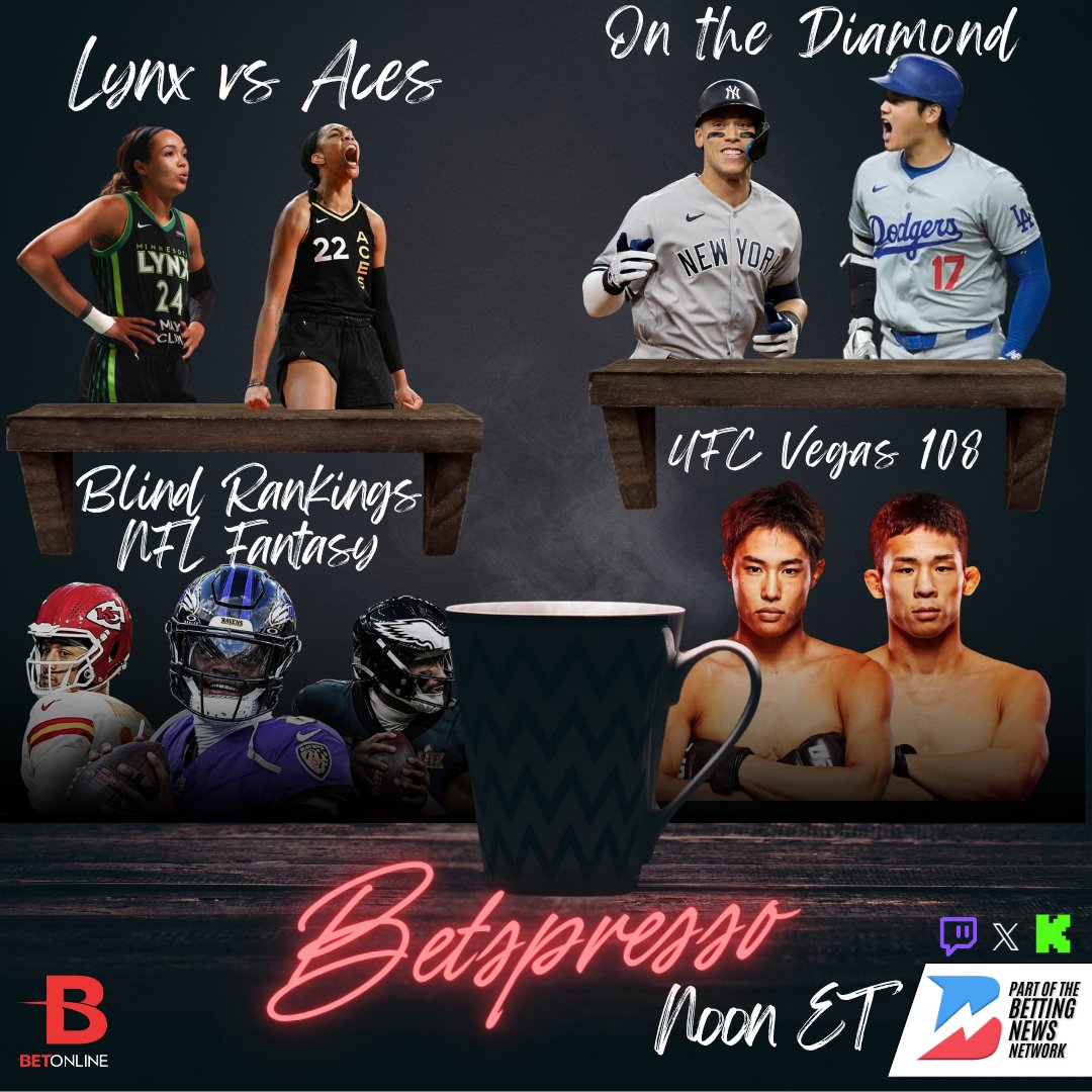 Today on BETSPRESSO📺

-Violence Report: UFC Vegas 108 Analysis 🦾
-On the Diamond: MLB Props &amp; HR Bets ⚾️
-WNBA Hoops: Lynx vs Aces Analysis &amp; Bets 🏀
-Blind Rankings: NFL Fantasy 🏈

🎙️@sweatpantjesus <a href="/trizzy_bets/">SharpTrizz🗡</a> &amp; <a href="/vsaaauce/">V</a> 

📺-&gt;twitch.tv/bettingnews