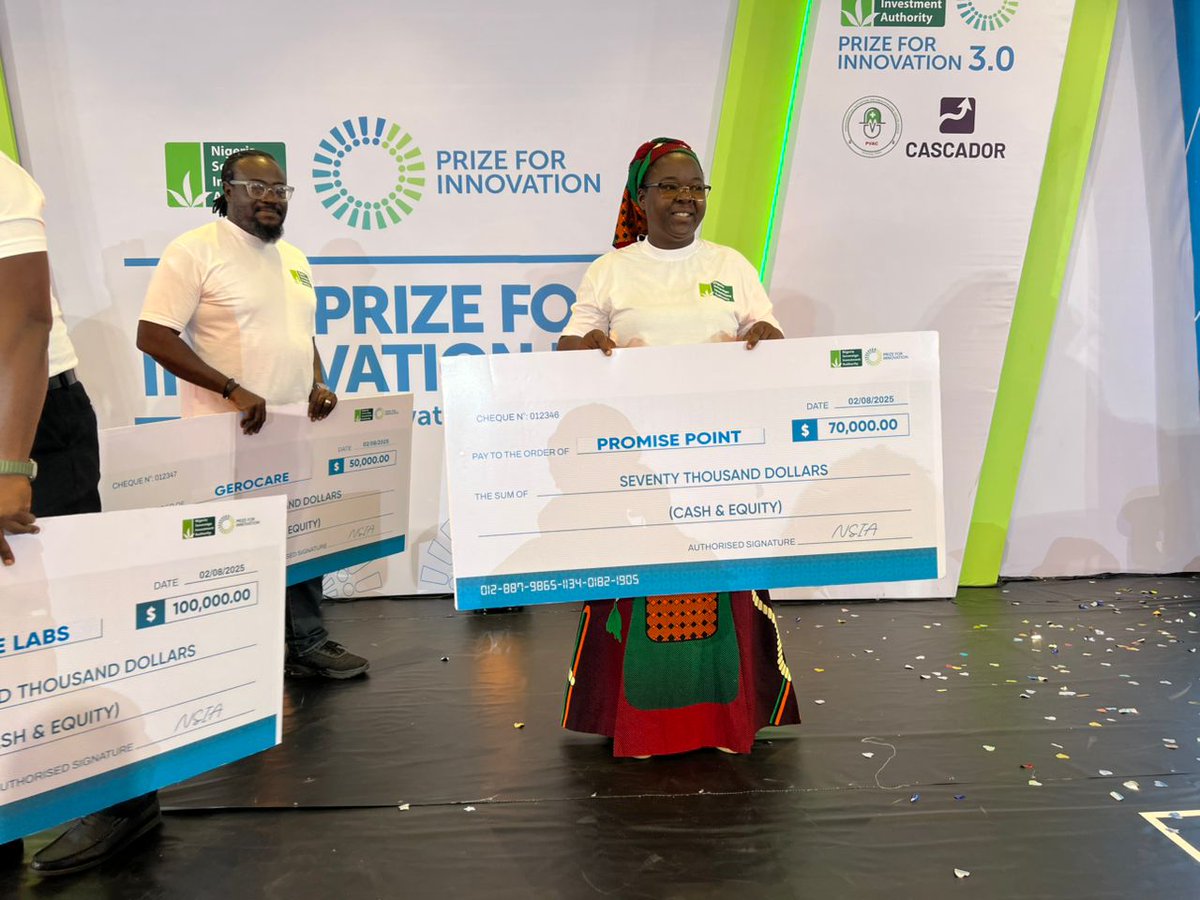Eeoghenekevwe's tweet photo. After a day of bold ideas, intense pitching at #NPI2025, three teams rose to the top.
D-Olivette Labs led the pack, earning $100K.
Promise Point followed with $70K.
Gerocare took third with $50K.
Congratulations to all the finalists. https://t.co/IugCOcPbrT