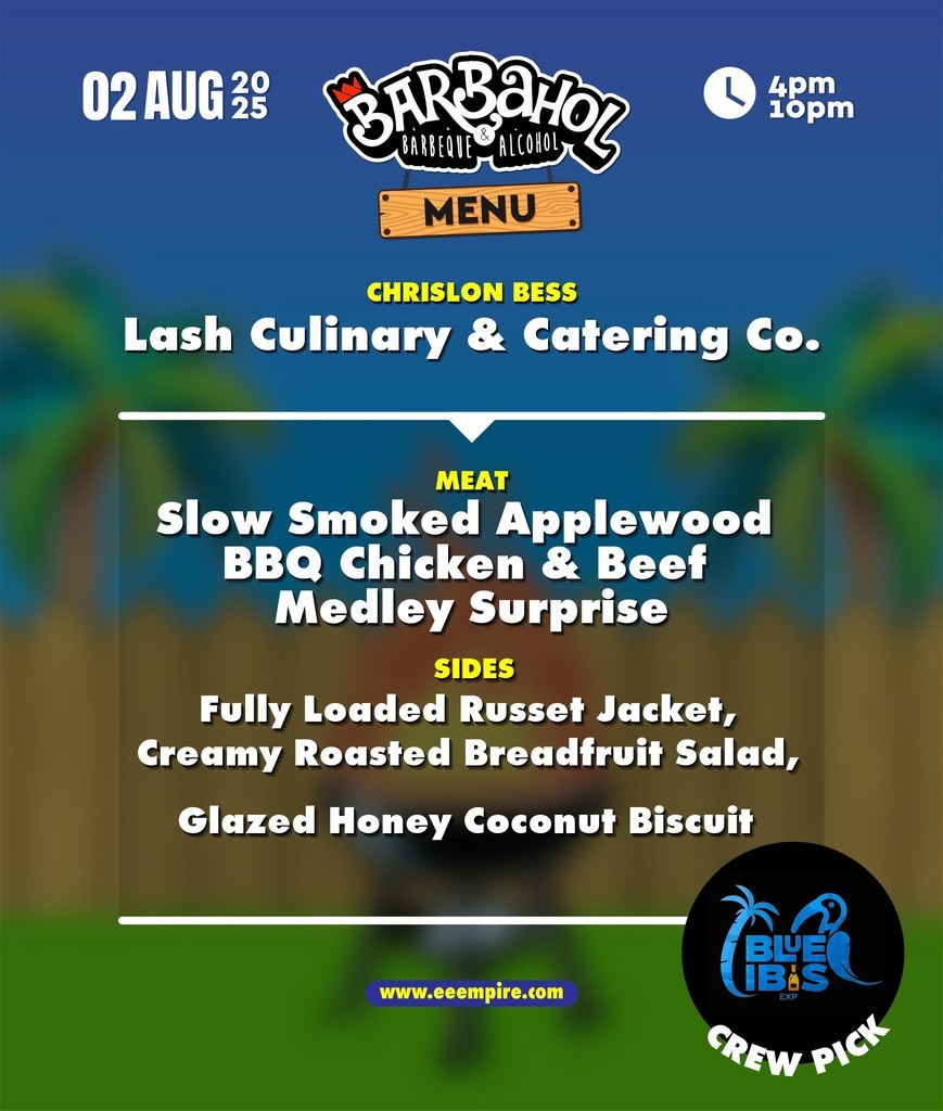 EEEmpire's tweet image. Chrislon Bess - Lash Culinary &amp;amp; Catering Co.

🔥 Chrislon is serving slow-smoked PERFECTION at Barbahol 🔥

🍗 Applewood BBQ Chicken &amp;amp; Beef Medley
🥔 Loaded Russet Jacket
🌱 Breadfruit Salad
🥥 Honey Coconut Biscuit

Blue Ibis Crew Pick 

Aug 2nd, don’t miss it! 😤