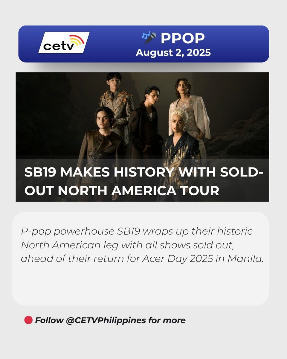 SB19 (@sb19official) wraps up their Simula at Wakas North America tour with ALL shows sold out—making history once again! 

Up next: Acer Day 2025 with Sarah G, G22 &amp; more.

📍 MOA Arena, Aug 9

Read more on the FB page of CETV Philippines.
#SeeItOnCETV #OnwardAndFOURward
