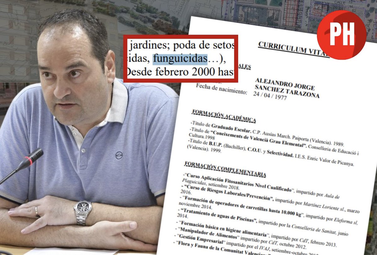 🔴AMPLIACIÓN: el concejal que se negó a contestar en castellano a una vecina dirige la “reconstrucción” de Paiporta sin tener formación urbanística.

➡️En su currículum, escrito en castellano y con faltas de ortografía, solo figuran el bachillerato y varios “cursillos”.