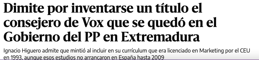 I VOX queixant-se, dient que eixe és un trànsfuga, que quan van abandonar el govern, ell trià el càrrec i abandonà el partit...
Però el currículum el va pujar quan el van nomenar conseller per la quota de VOX.
Tramposos, i ridículs.