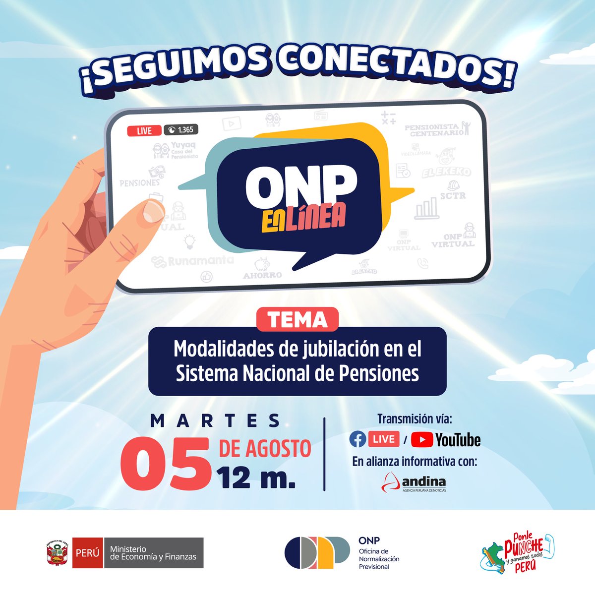 ONP Oficial (@onp_oficial) on Twitter photo 📢 #NotaInformativa | No te pierdas nuestro programa #ONPenLínea, este martes 05 de agosto al mediodía. En este episodio, un especialista de la ONP te explicará las modalidades de jubilación en el SNP.
🔔 Activa el recordatorio.
📌 En alianza informativa con <a href="/Agencia_Andina/">Agencia Andina</a> 📢 #NotaInformativa | No te pierdas nuestro programa #ONPenLínea, este martes 05 de agosto al mediodía. En este episodio, un especialista de la ONP te explicará las modalidades de jubilación en el SNP.
🔔 Activa el recordatorio.
📌 En alianza informativa con <a href="/Agencia_Andina/">Agencia Andina</a>
