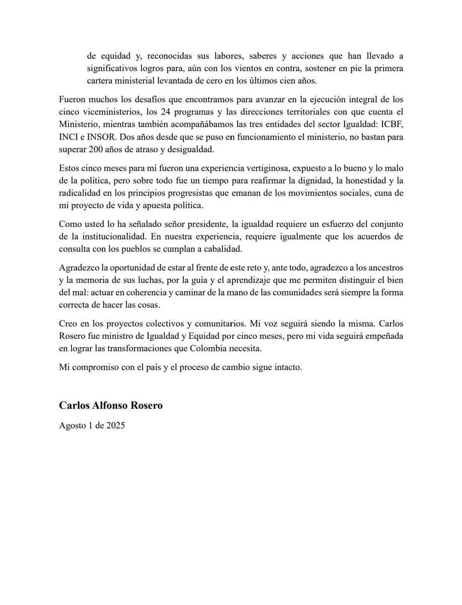 Desde la Isla de San Andrés donde se conmemoró el día de la Emancipación Raizal, escribí la renuncia a mi cargo como ministro de Igualdad y Equidad, la cuál comparto a continuación. 👉🏾 <a href="/petrogustavo/">Gustavo Petro</a> <a href="/MinIgualdad_Col/">Ministerio de Igualdad y Equidad de Colombia</a> <a href="/infopresidencia/">Presidencia Colombia 🇨🇴</a>