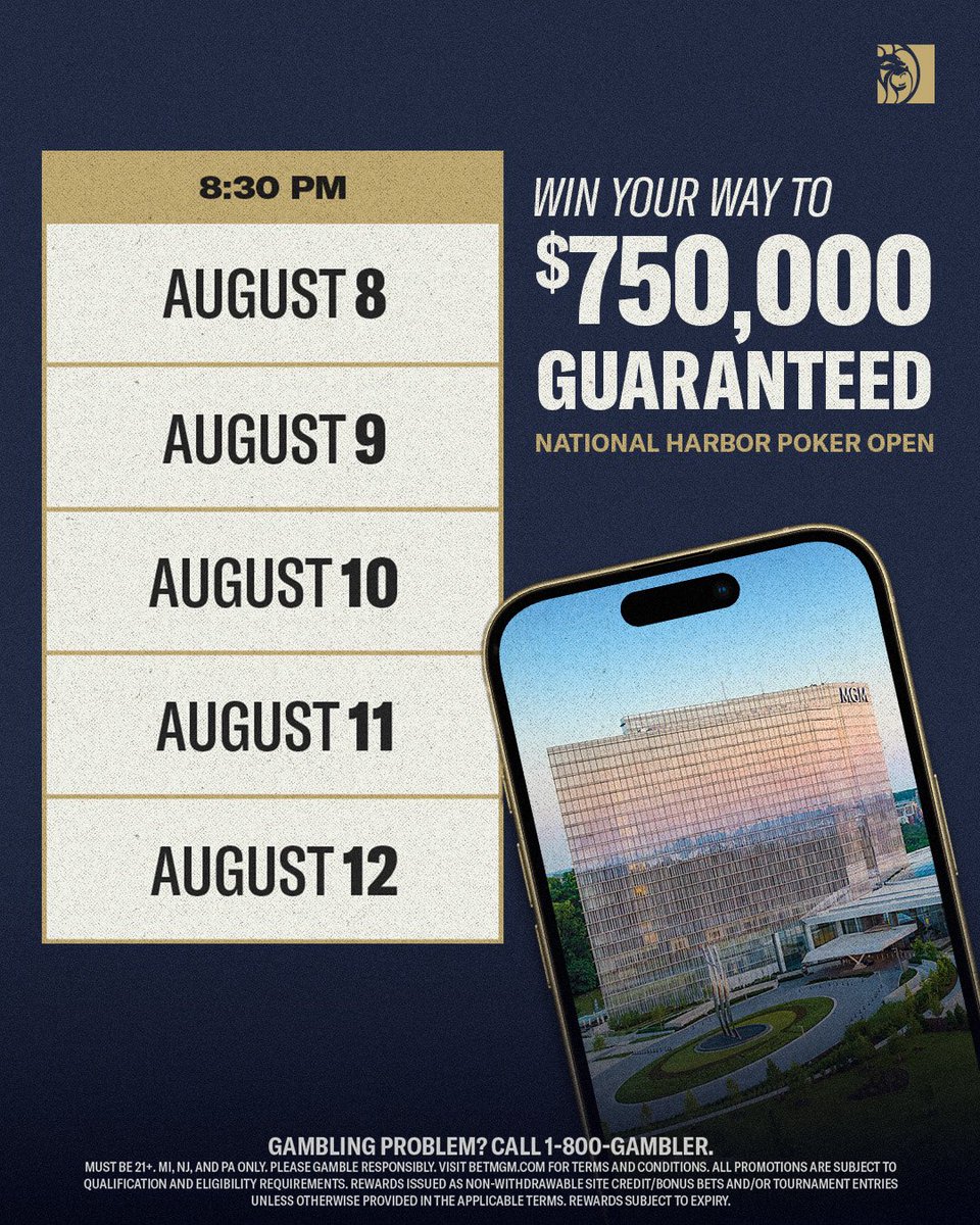 BetMGM Poker (@betmgmpoker) on Twitter photo Step 1s are now running for the <a href="/MGMNH_Poker/">MGM National Harbor Poker</a> Potomac Poker Open Main Event!
Qualifiers for the Main Event and Opener kick off August 5th, with your shot at winning packages that includes event entry and travel credit. Good luck! Step 1s are now running for the <a href="/MGMNH_Poker/">MGM National Harbor Poker</a> Potomac Poker Open Main Event!
Qualifiers for the Main Event and Opener kick off August 5th, with your shot at winning packages that includes event entry and travel credit. Good luck!