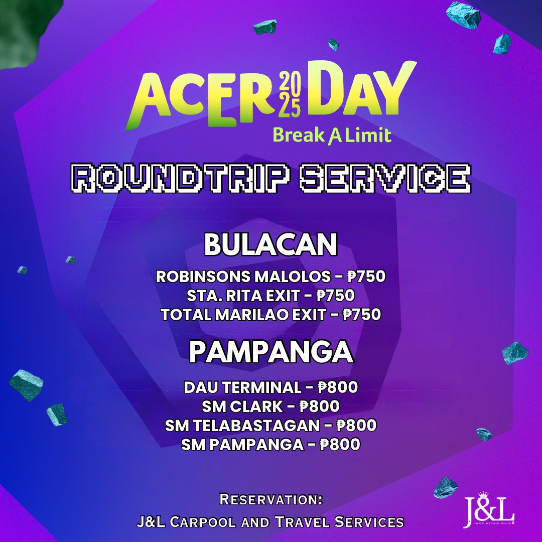 Carpool ~ roundtrip concert service for #AcerDay2025 is still ongoing 🥰

Acer Day 2025 — Break A Limit
📆 August 9, 2025
📍 SM Mall of Asia Arena

BOOK HERE: forms.gle/JPpaUneD4fTj8q…

Batangas ~ Laguna ~ Cavite ~ Metro Manila ~ Bulacan ~ Pampanga

#PDG #PamilyaDeGuzman #SB19 #G22