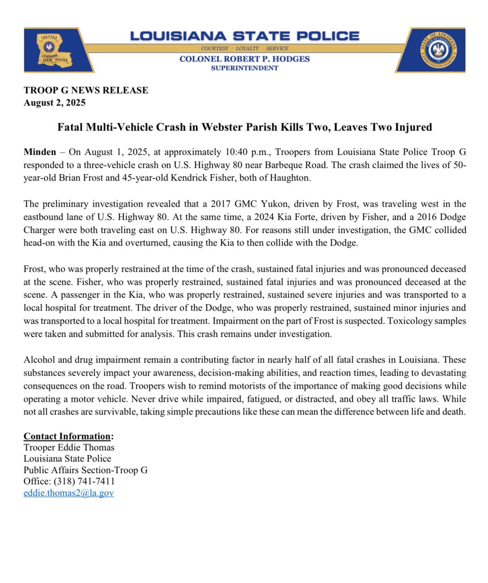 Fatal Multi-Vehicle Crash in Webster Parish Kills Two, Leaves Two Injured