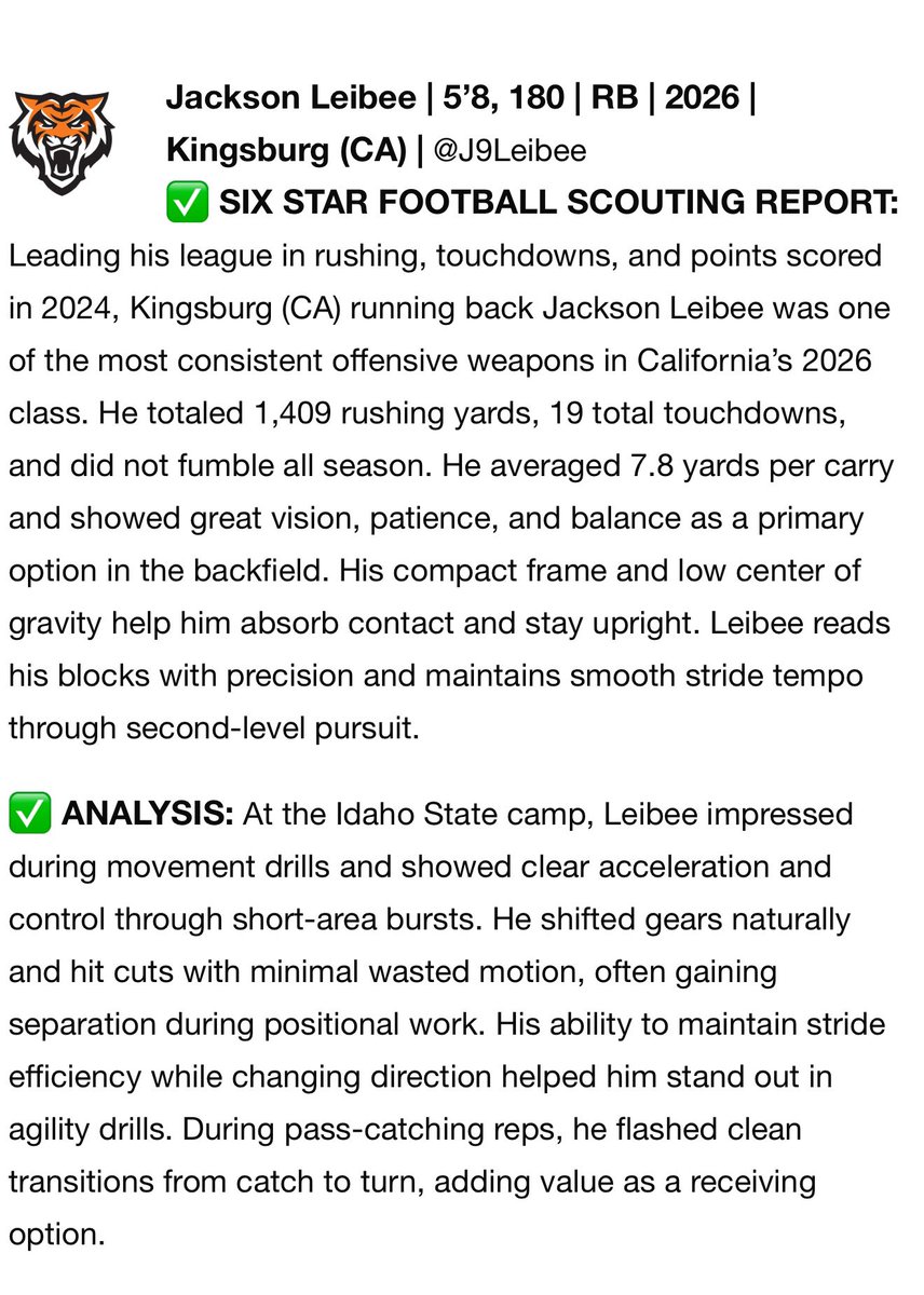 Nice evaluation for <a href="/J9Leibee/">Jackson Leibee</a> from the Idaho State Prospect Camp: Senior SZN on deck!!!!
<a href="/prepsrecruit/">Preps Recruiting</a> <a href="/PRCoachBrim/">Coach Tyler Brimhall</a> @coach <a href="/Coach/">Coach</a>Rob1_ <a href="/JoshStraughan1/">Josh Straughan</a> <a href="/KingsburgF/">Kingsburg High School Viking Football</a> <a href="/David_Wilson09/">David Wilson</a>