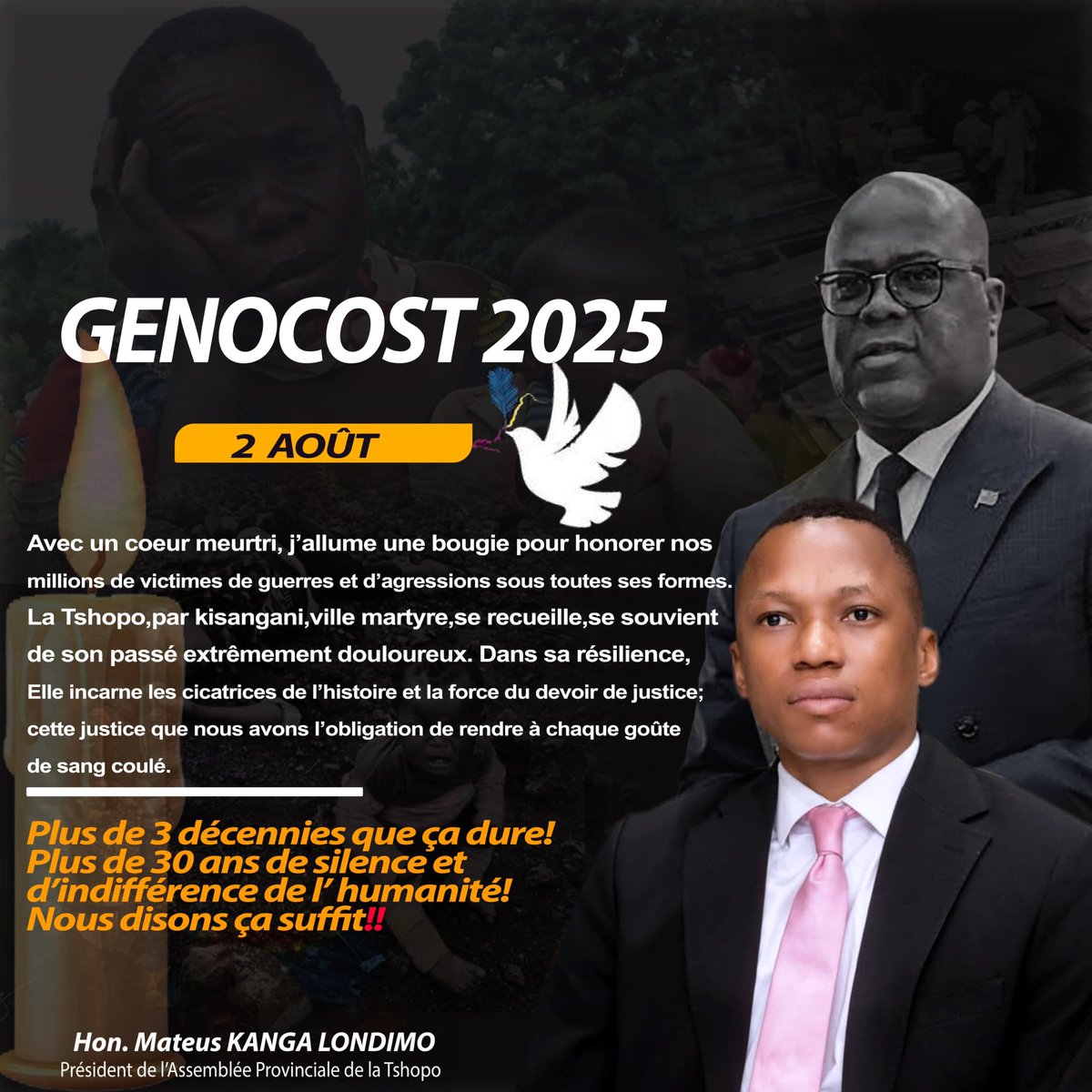 #Nous_disons_ça_suffit
#Genocost2025 
On tue au Congo sous la barbe silencieuse de la communauté internationale.
Nos millions de morts méritent justice.