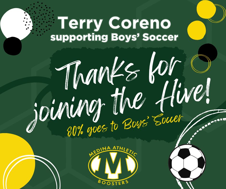 The @medinaboosters would like to thank Terry Coreno for re-joining the Hive and supporting <a href="/BeesBoysSoccer/">Medina HS Boys Soccer</a> with 80% of their membership!  Join the Hive and support your favorite Bees team(s) at medinaboosters.org/membership-lev… <a href="/medinaathletics/">Medina Athletics</a>