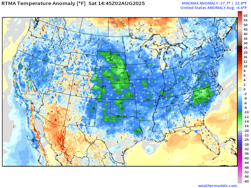 Summer on hiatus for a little while as temperatures cool across the eastern U.S.

Overall, the Lower 48 is almost 5°F below normal this morning.