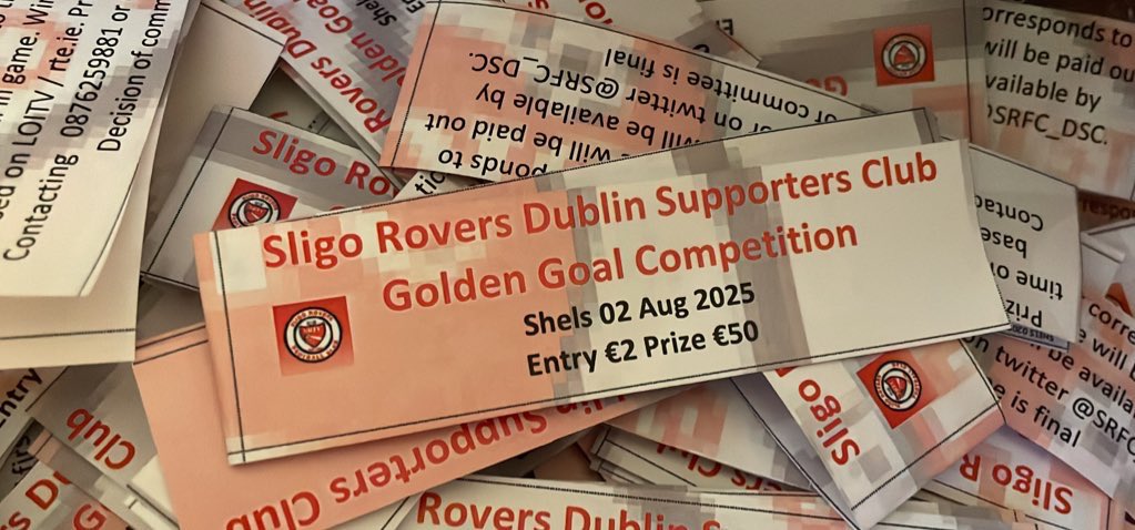 Sligo Rovers DSC (@srfc_dsc) on Twitter photo Matchday 🔴⚪️
Don’t forget your golden goals ⚽️
3 for €5 to win €50 and support your #bitored
Pay via Revolut: @garyo0389 or via PayPal: garmclean@gmail.com
Include your mobile no if I don’t already have it. Matchday 🔴⚪️
Don’t forget your golden goals ⚽️
3 for €5 to win €50 and support your #bitored
Pay via Revolut: @garyo0389 or via PayPal: garmclean@gmail.com
Include your mobile no if I don’t already have it.