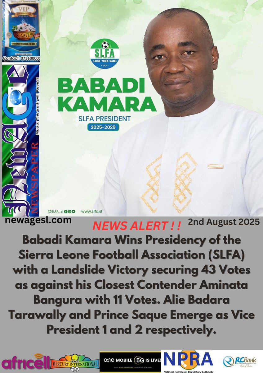 Sierra Leone Football Association Ordinary Congress saw #BabadiKamara as the President Elect with 43 Votes as against #AminataBangura with 11 Votes and #UmaruBah with 1 vote.

The election was observed by representatives from both <a href="/FIFAcom/">FIFA</a> and <a href="/CAF_Online/">CAF_Online</a>.