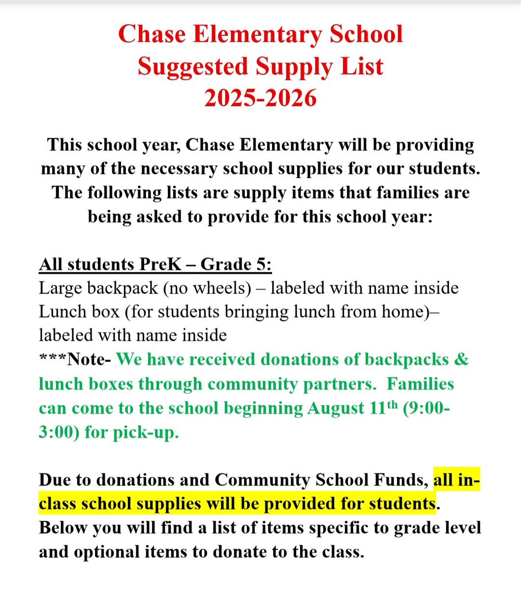 chasebcps's tweet image. 🎒✏️ School Supplies Update for Chase Elementary Families 📚🍎See below: