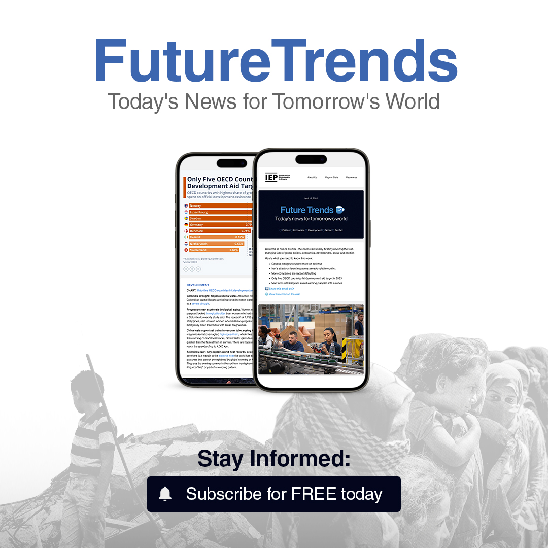 GlobPeaceIndex's tweet photo. Looking for a deeper dive into the trends shaping our world? Sign up for our weekly Future Trends newsletter to get an in-depth analysis of the politics, economics, development, social and conflict redefining the global landscape.

📧https://t.co/kC1zGxoZps https://t.co/QLNEDSMfD0