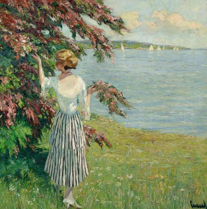 Summer54975311's tweet image. Edward Cucuel. At the Lake. #art #paining #portrait #landscape #shoreline #female #trees #youth #beauty