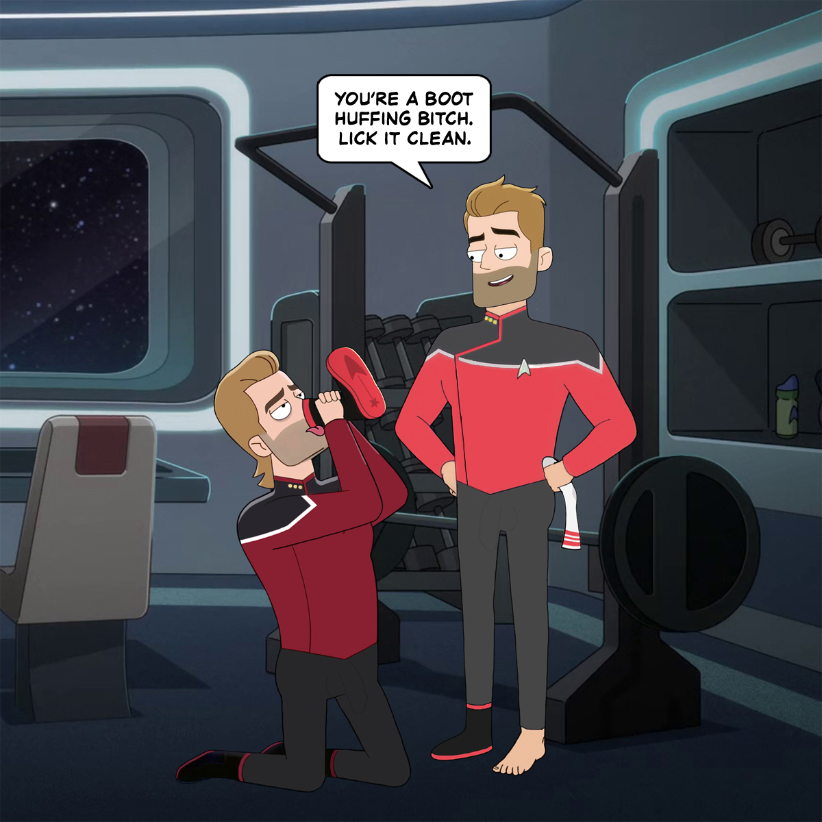Alternate Ransom, the boot huffing bitch.  
&lt;sniff, sniff&gt;
#startrek #startreklowerdecks #jackransom #bootworship #huffit #lickit