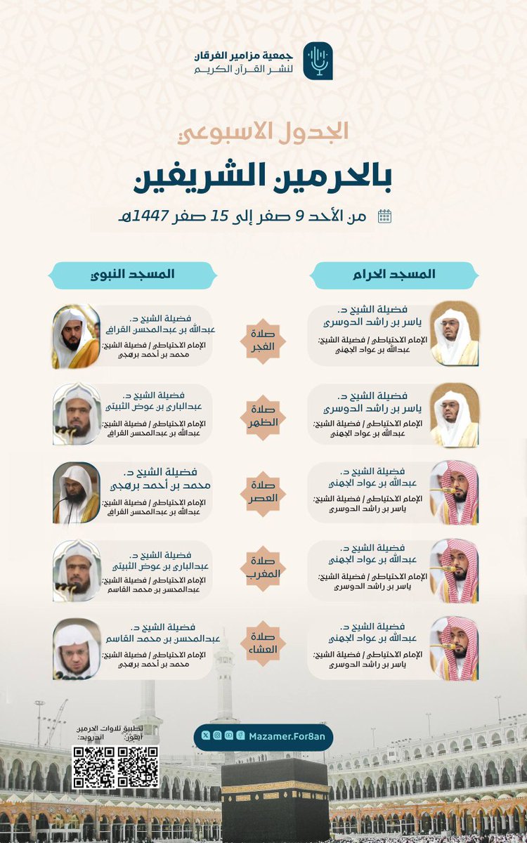 🗓 الجدول الأسبوعي لأئمة #المسجد_الحرام و #المسجد_النبوي
من يوم الأحد ٩ صفر ١٤٤٧ هـ
 إلى يوم السبت ١٥ صفر ١٤٤٧ هـ
#جمعية_مزامير_الفرقان_لنشر_القرآن