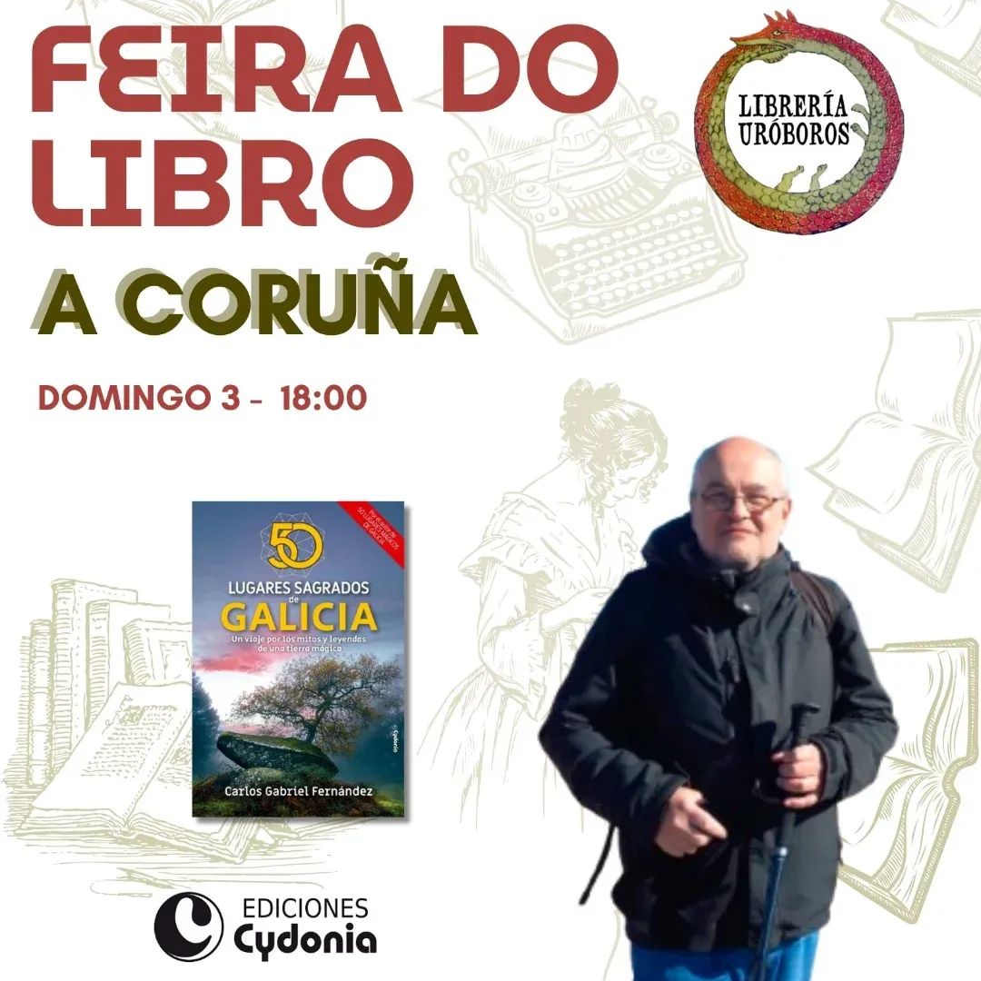 Mañana domingo, a las 18 horas, Carlos Gabriel Fernández firmará ejemplares de su libro "50 lugares sagrados de Galicia" en la Feria del Libro de Coruña. Será en la caseta de la librería  Uróboros. Una buena oportunidad para charlar un rato con él si andáis por la ciudad.