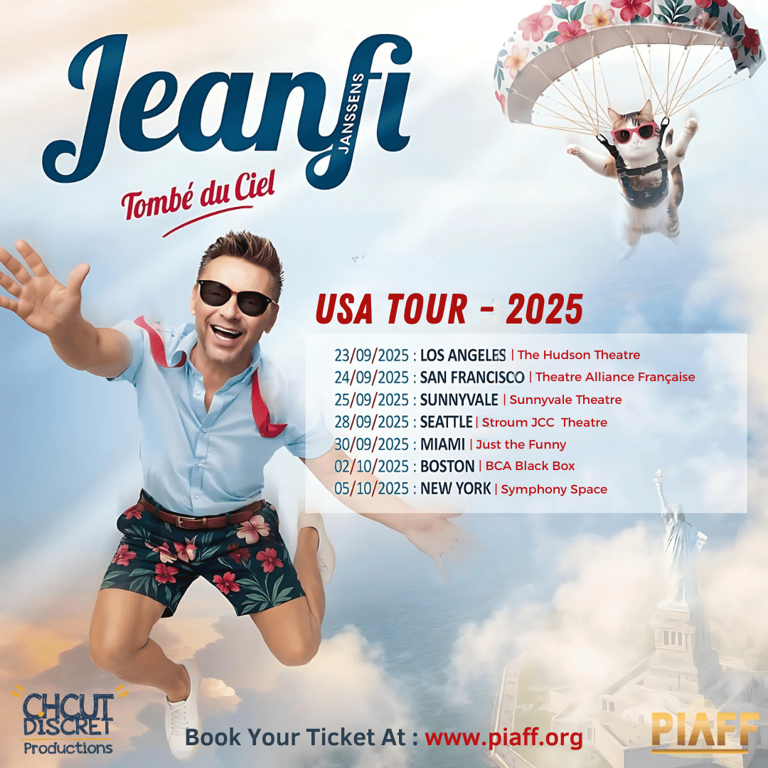 piaff_ent's tweet photo. Après avoir conquis les scènes de France, Jeanfi Janssens débarque pour la première fois aux USA 🇺🇸 avec son nouveau spectacle "Jeanfi Tombé du Ciel" 🌤️, une tournée pleine d’humour, d’autodérision et d’anecdotes folles 🤪.
🎟️Places limitées – réservez sur https://t.co/jGX0qoAB3G https://t.co/mq4VEqi4Tx