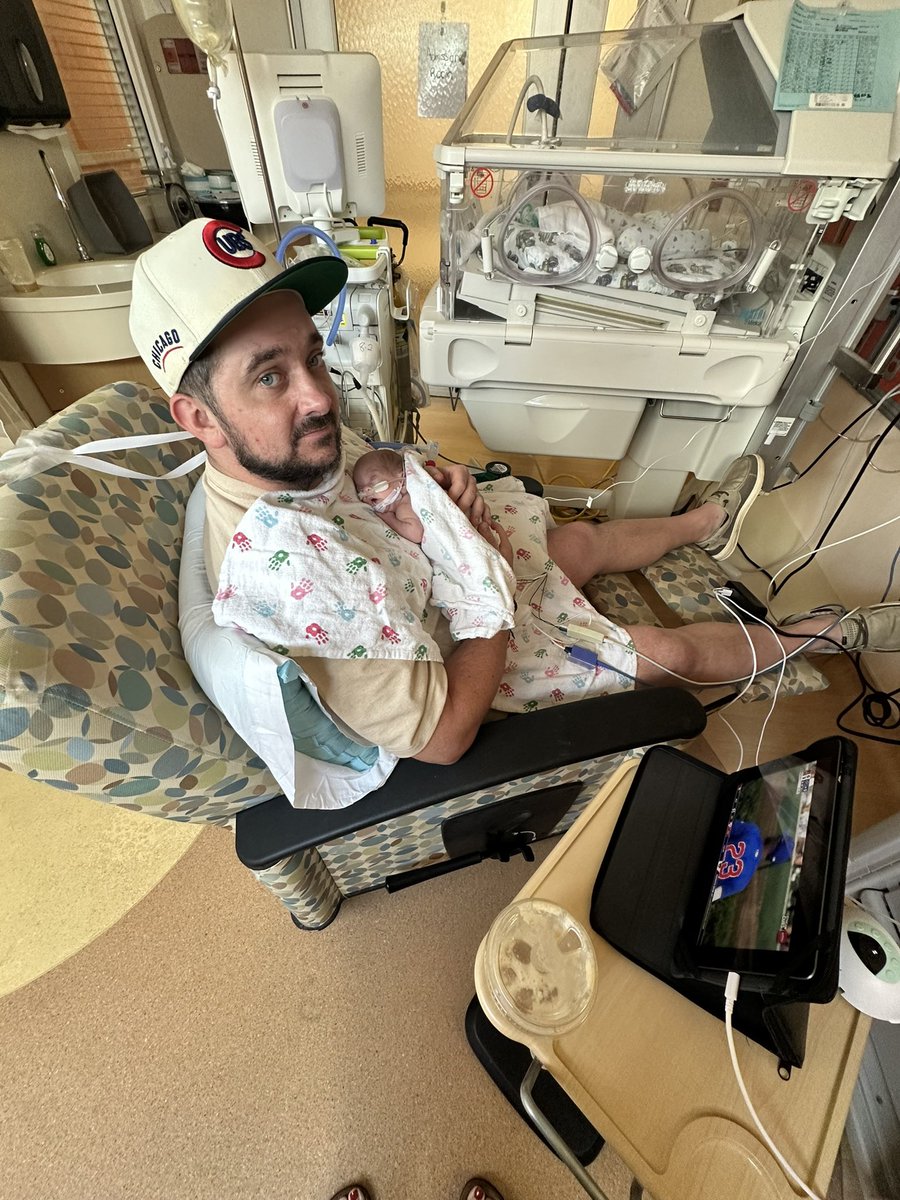 JSwagert90's tweet photo. @WatchMarquee  watching the Cubs game from the NICU with the littlest @Cubs fan in the world, Levi!  3.32 lbs #RynoStrong #nicu #nicudad https://t.co/BbkqJarU4Z