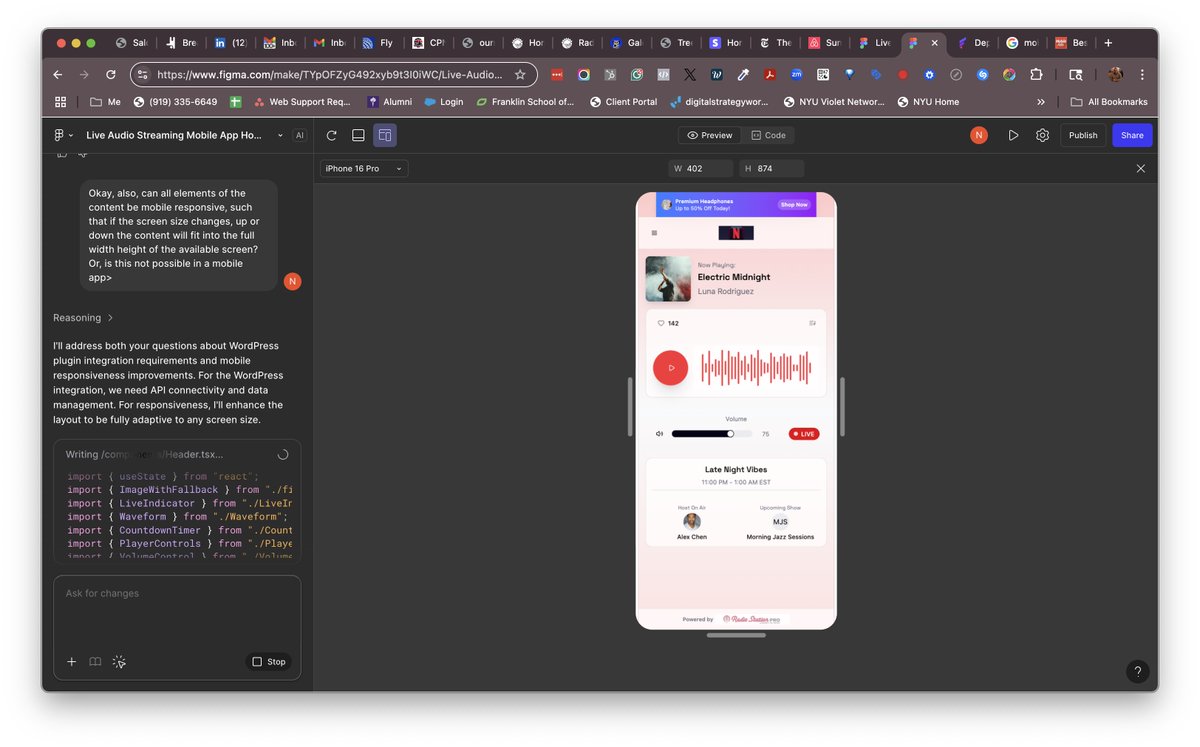 Building our Radio Station mobile app in Figma Make. This is pretty freakin awesome! I'm adding and the AI bot keeps revising and revising, adding new layers and everything. I love it!